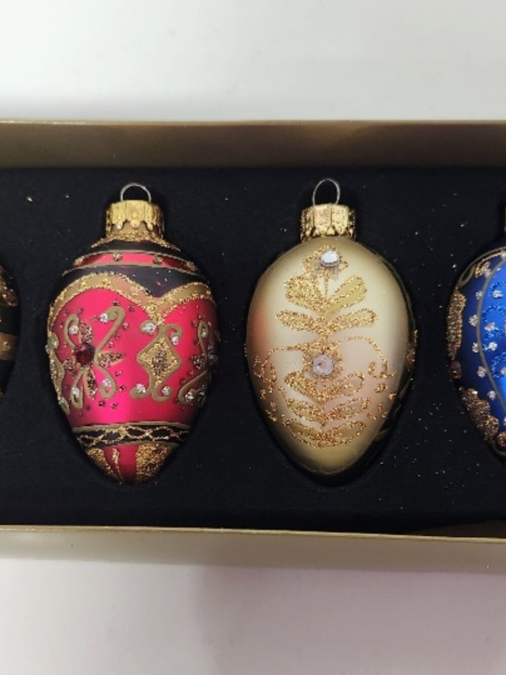 Beautiful Set of 4 Christmas Ornaments Red, Gold, Green & Blue w/Glitter Design
